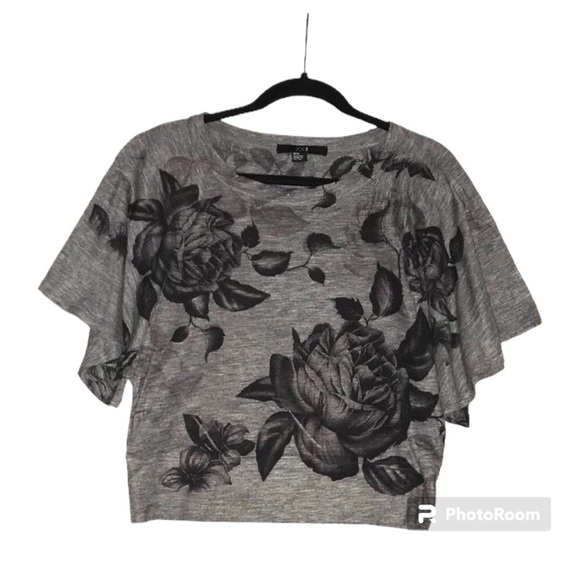 XXI Vintage Cropped Blouse Butterfly Sleeves Black Floral on Heathered Gray Med - Picture 3 of 7